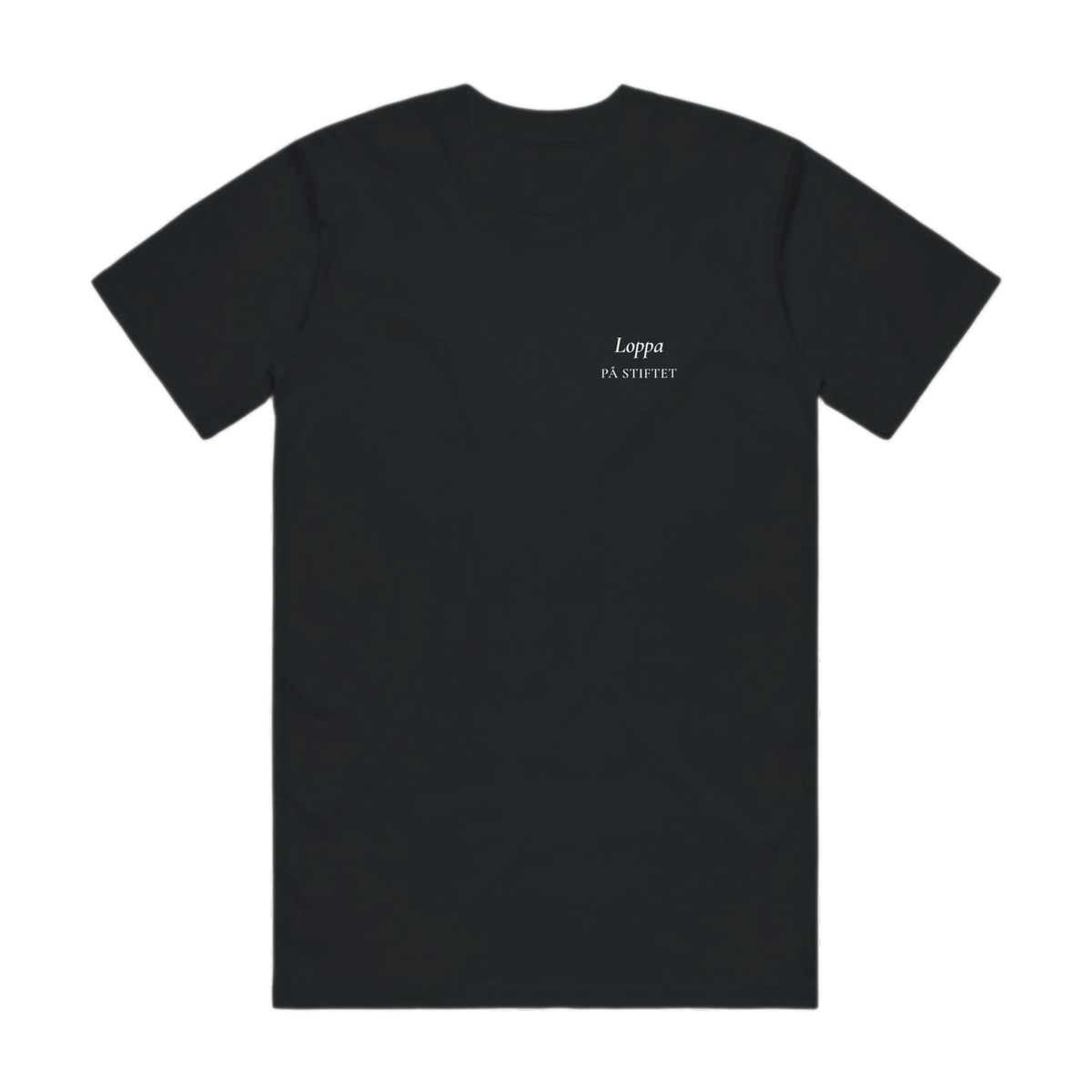 LOPPA PÅ STIFTET · Premium T-shirt · Bröst + Rygg – svart, framifrån
