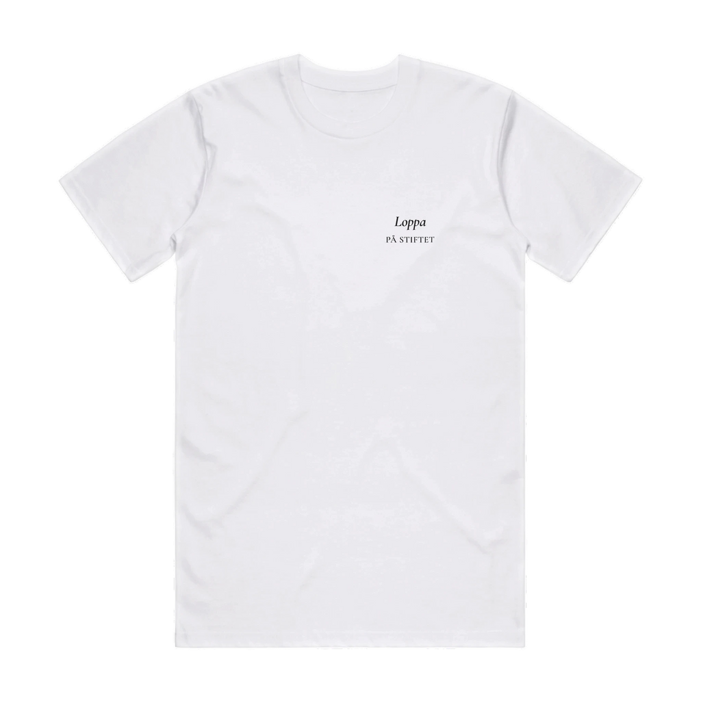 LOPPA PÅ STIFTET · Premium T-shirt · Bröst + Rygg – vit, framifrån