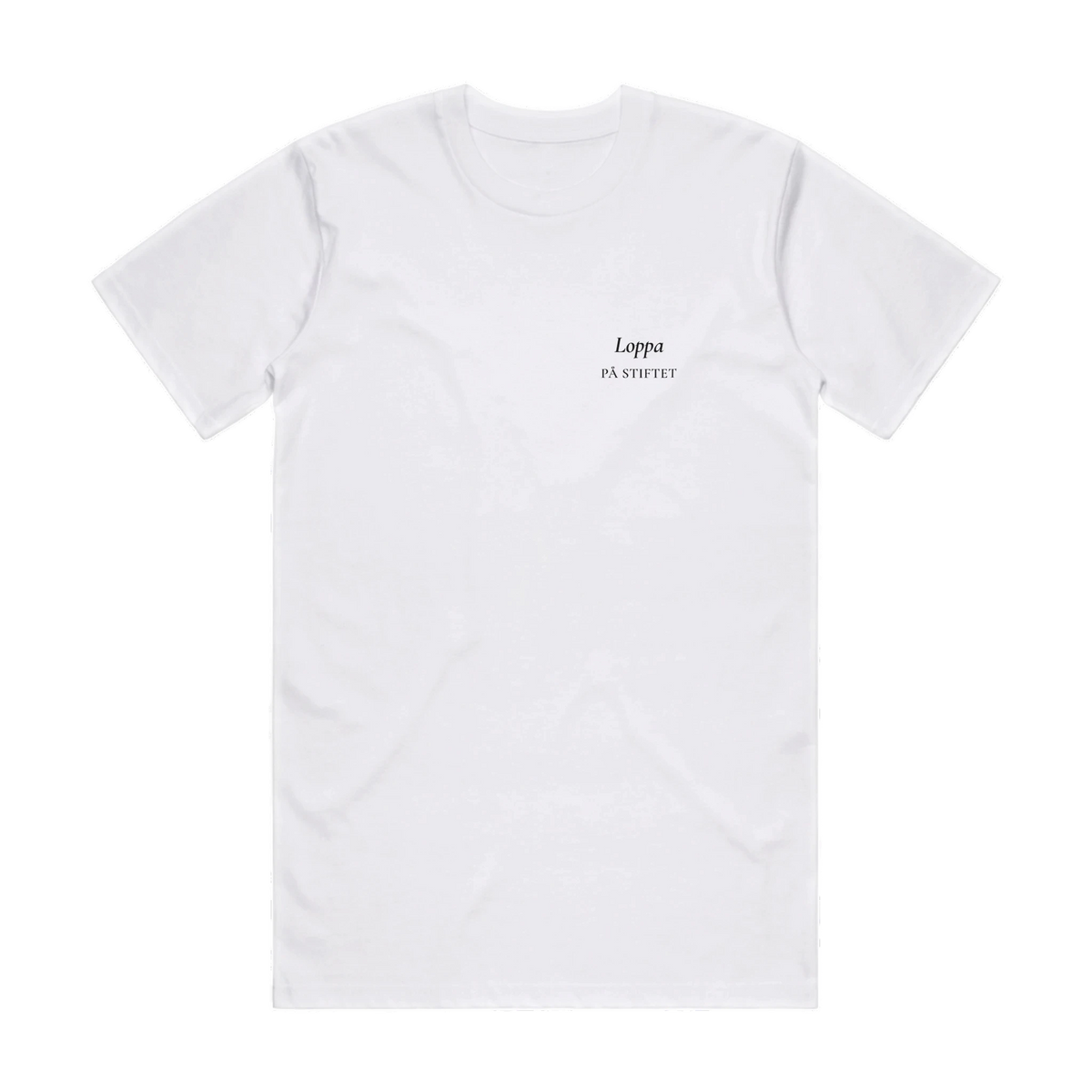 LOPPA PÅ STIFTET · Premium T-shirt · Bröst + Rygg – vit, framifrån