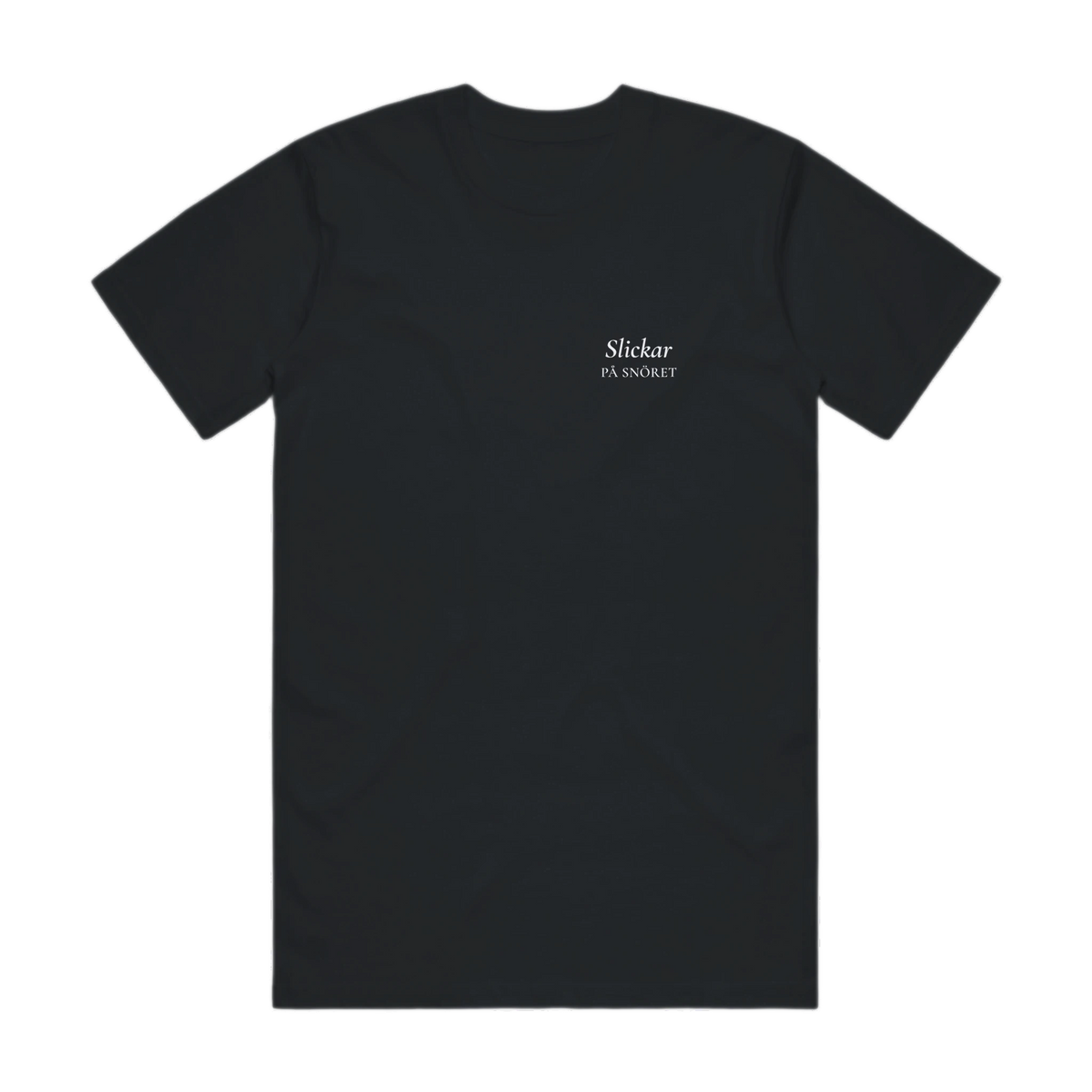 Slickar på snöret · Premium T-shirt · Bröst + Rygg – svart, framifrån