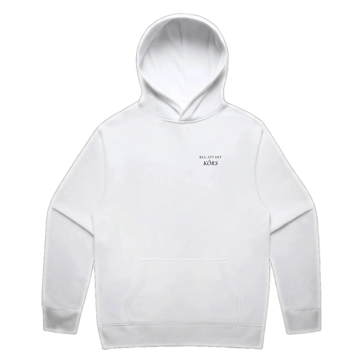KUL ATT DET KÖRS · Premium Hoodie · Bröst + Rygg – vit, framifrån