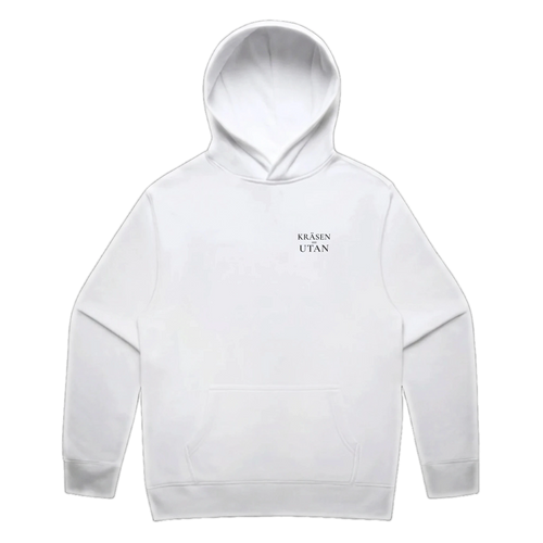 KRÄSEN=UTAN · Premium Hoodie · Bröst + Rygg – vit, framifrån