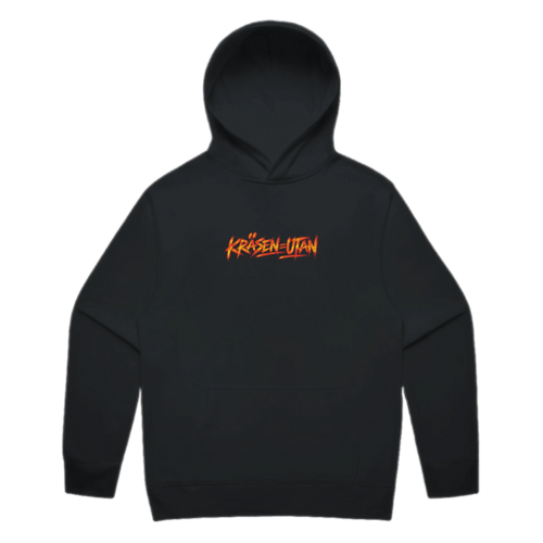 KRÄSEN=UTAN · Orange Hoodie · Brösttryck – svart hoodie med orange-rött brösttryck, framifrån