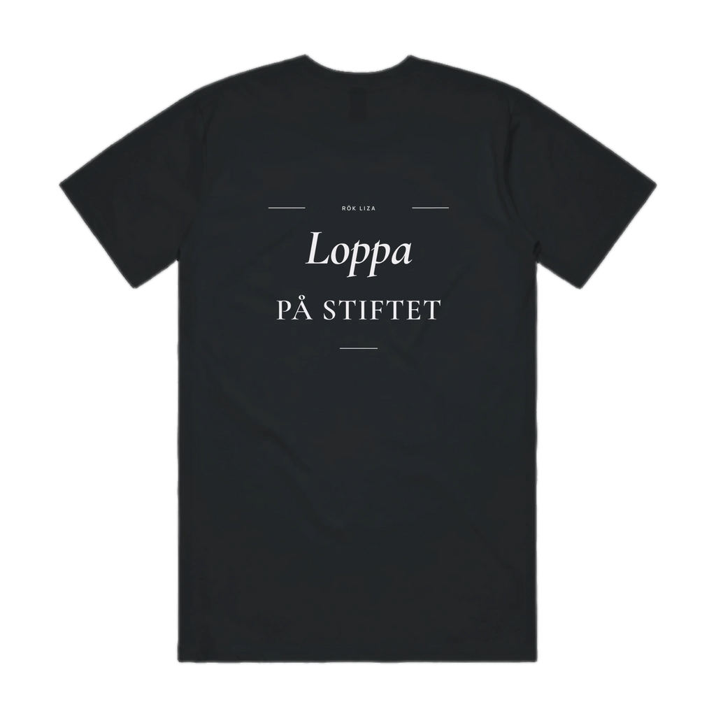 LOPPA PÅ STIFTET · Premium T-shirt · Bröst + Rygg – svart, bakifrån