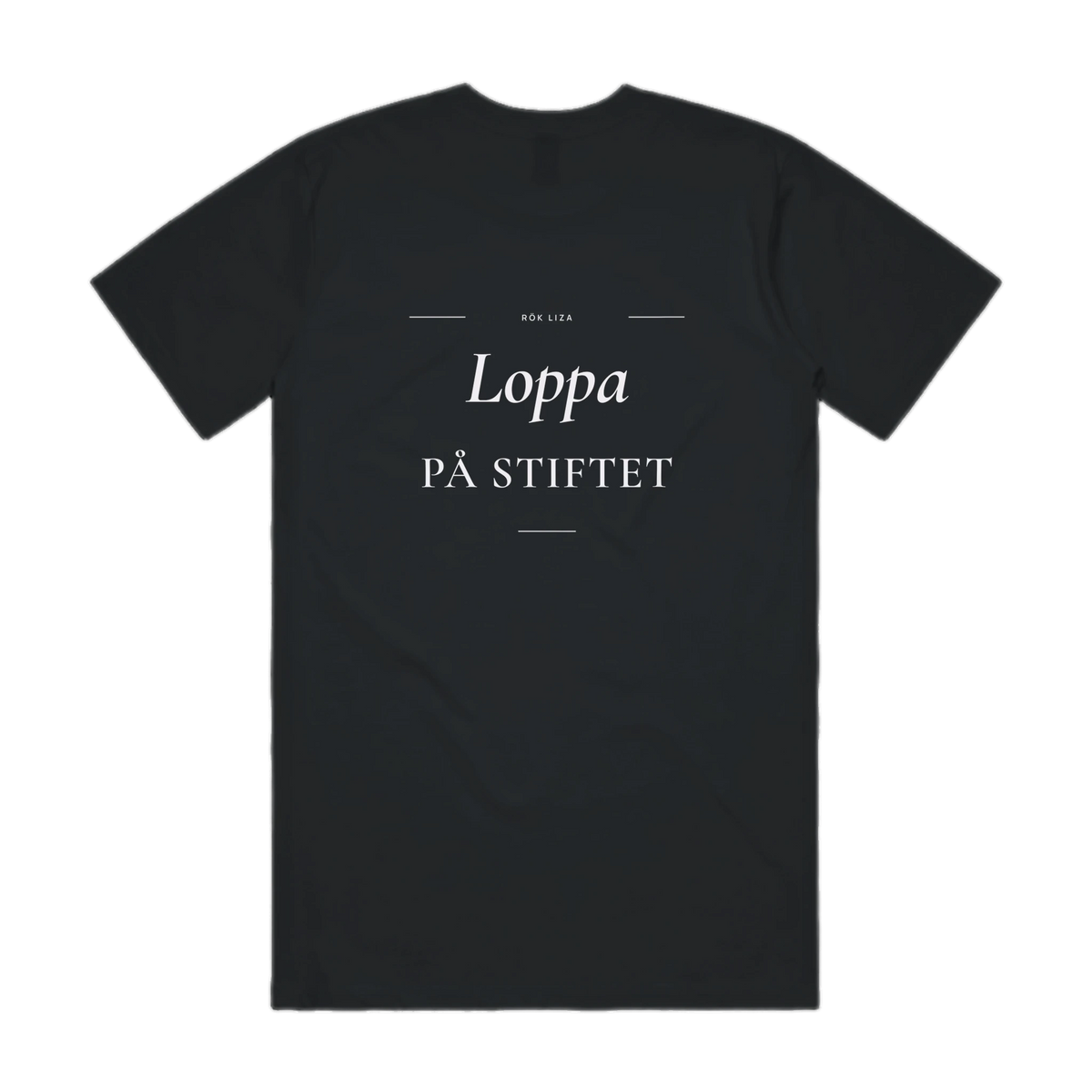 LOPPA PÅ STIFTET · Premium T-shirt · Bröst + Rygg – svart, bakifrån