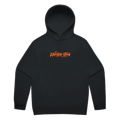 KRÄSEN=UTAN · Orange Hoodie · Brösttryck – svart hoodie med orange-rött brösttryck, framifrån