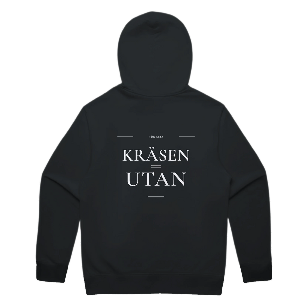 KRÄSEN=UTAN · Premium Hoodie · Bröst + Rygg – svart, bakifrån