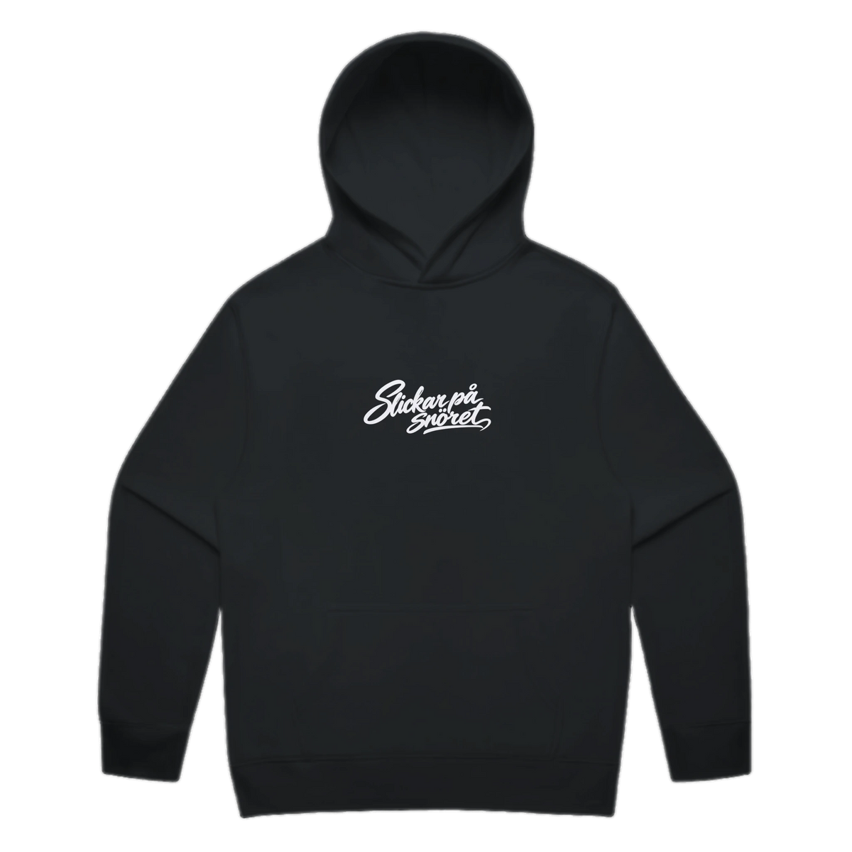 Slickar på snöret · Clean Hoodie · Bröst + Rygg – svart, framifrån