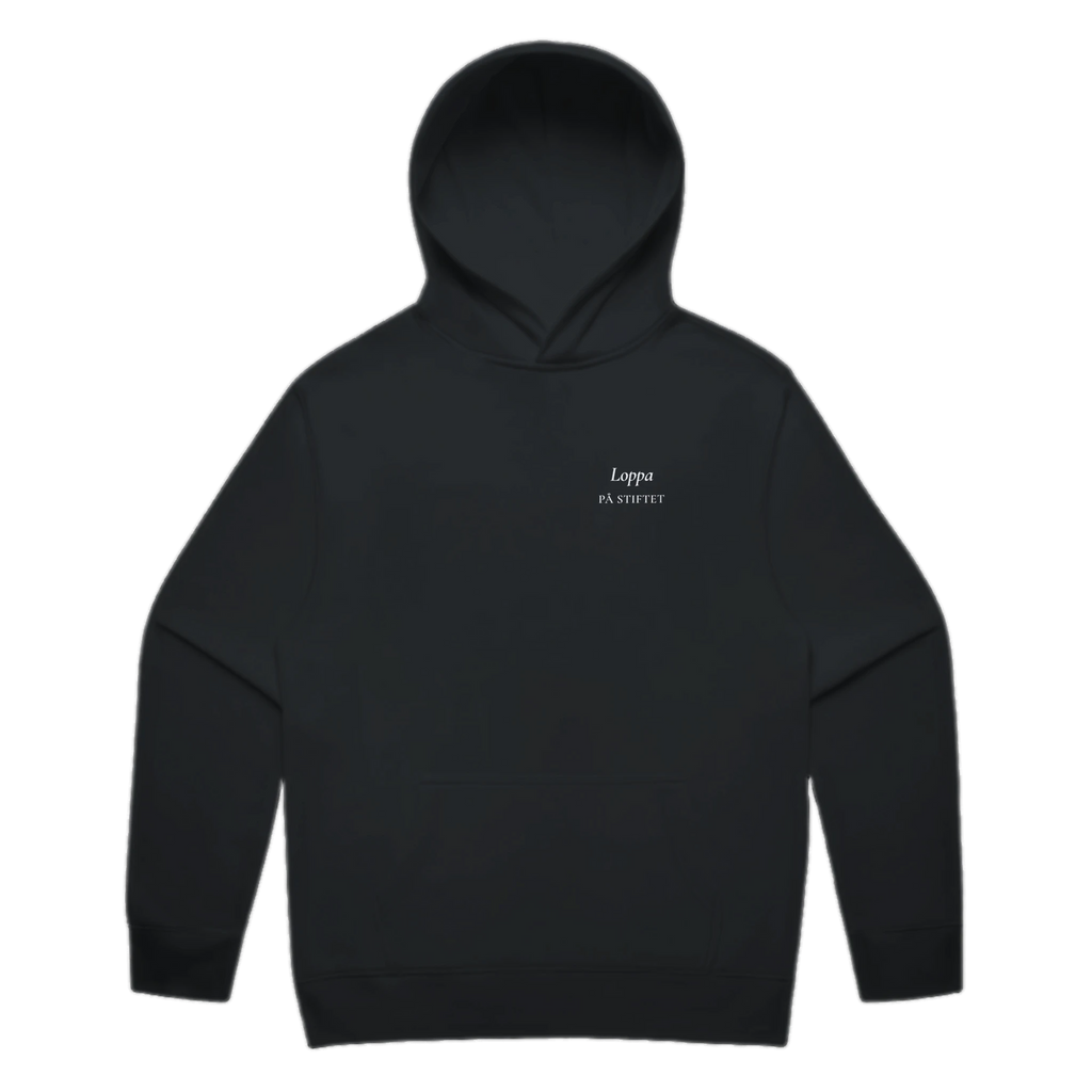 LOPPA PÅ STIFTET · Premium Hoodie · Bröst + Rygg – svart, framifrån