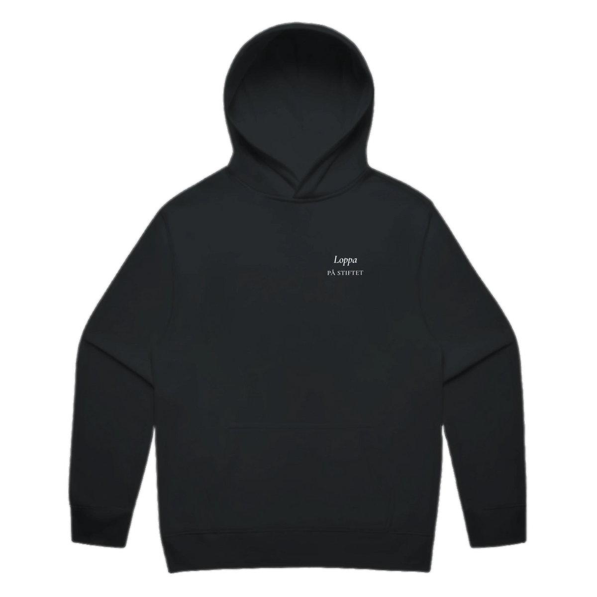 LOPPA PÅ STIFTET · Premium Hoodie · Bröst + Rygg – svart, framifrån
