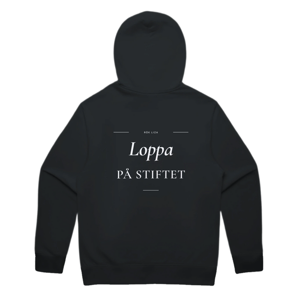LOPPA PÅ STIFTET · Premium Hoodie · Bröst + Rygg – svart, bakifrån