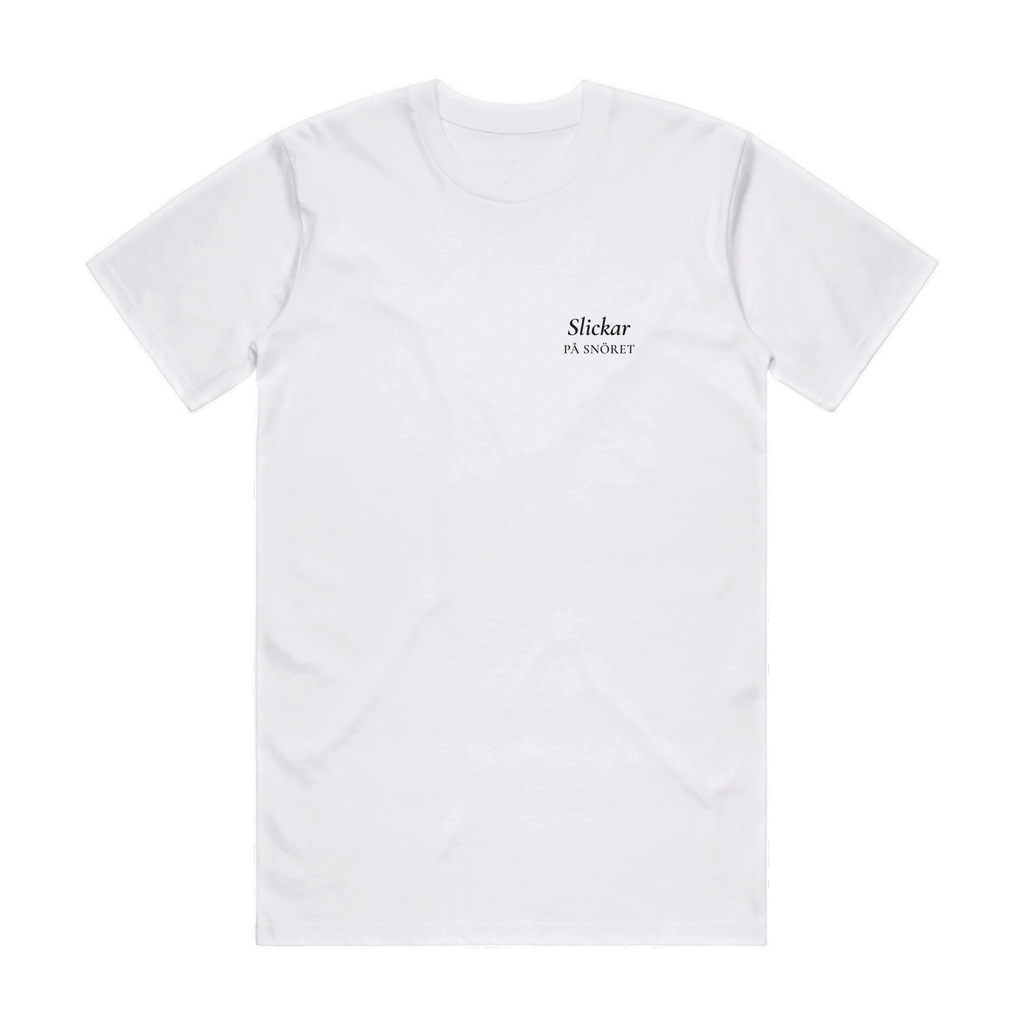 Slickar på snöret · Premium T-shirt · Bröst + Rygg – vit, framifrån