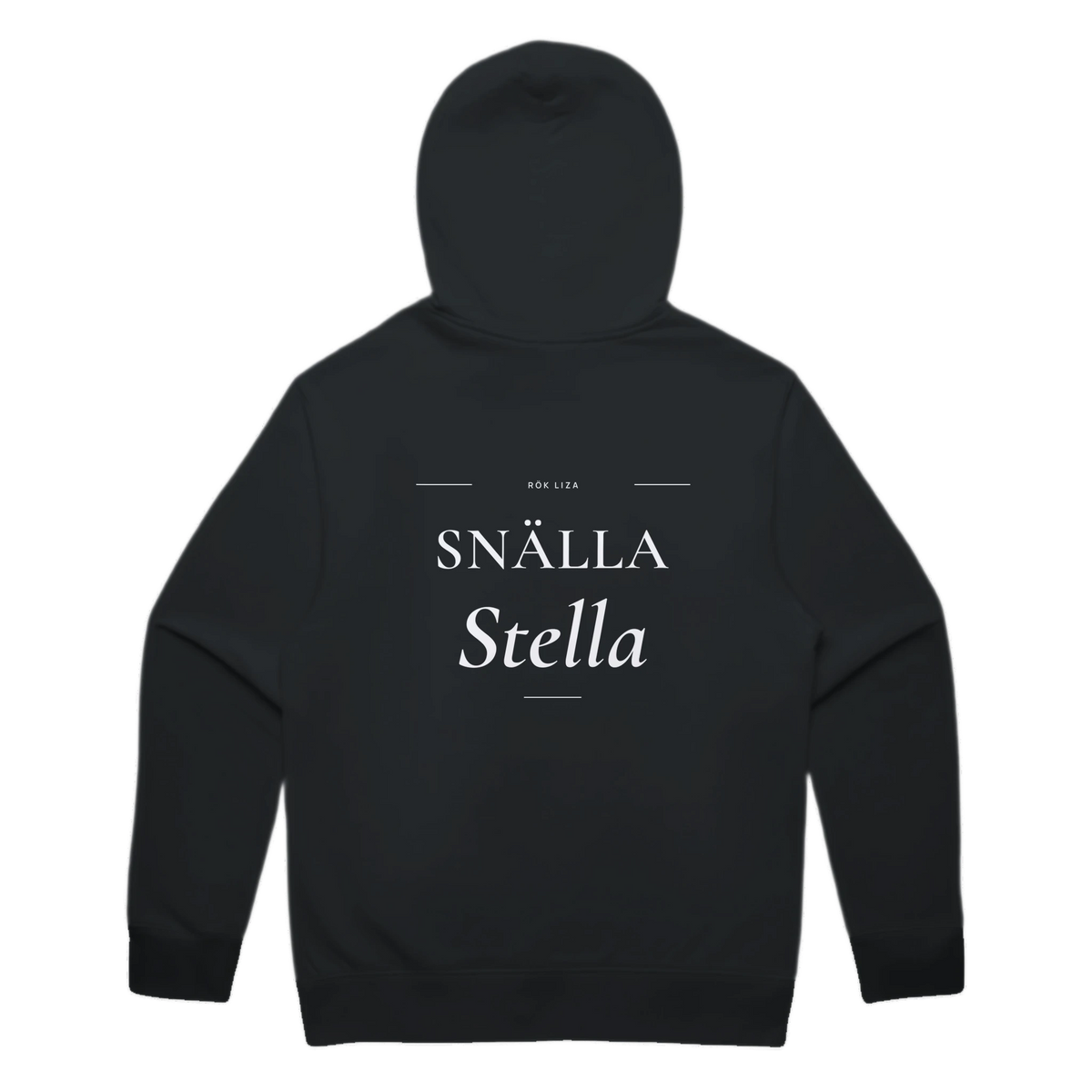 Snälla Stella · Premium Hoodie · Bröst + Rygg – svart, bakifrån