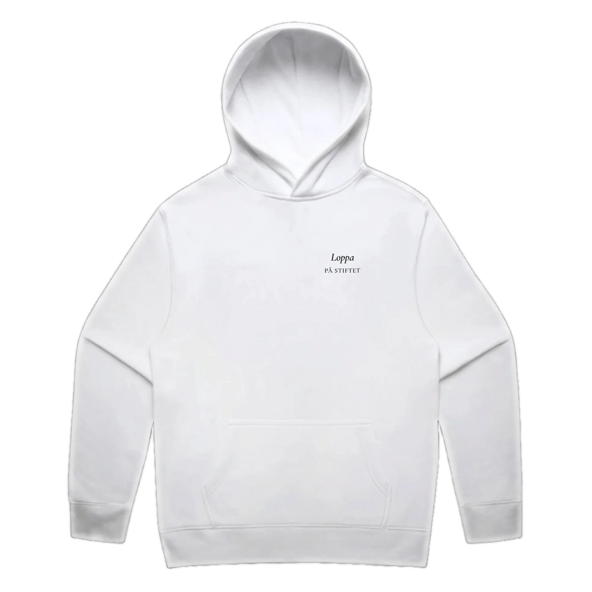 LOPPA PÅ STIFTET · Premium Hoodie · Bröst + Rygg – vit, framifrån