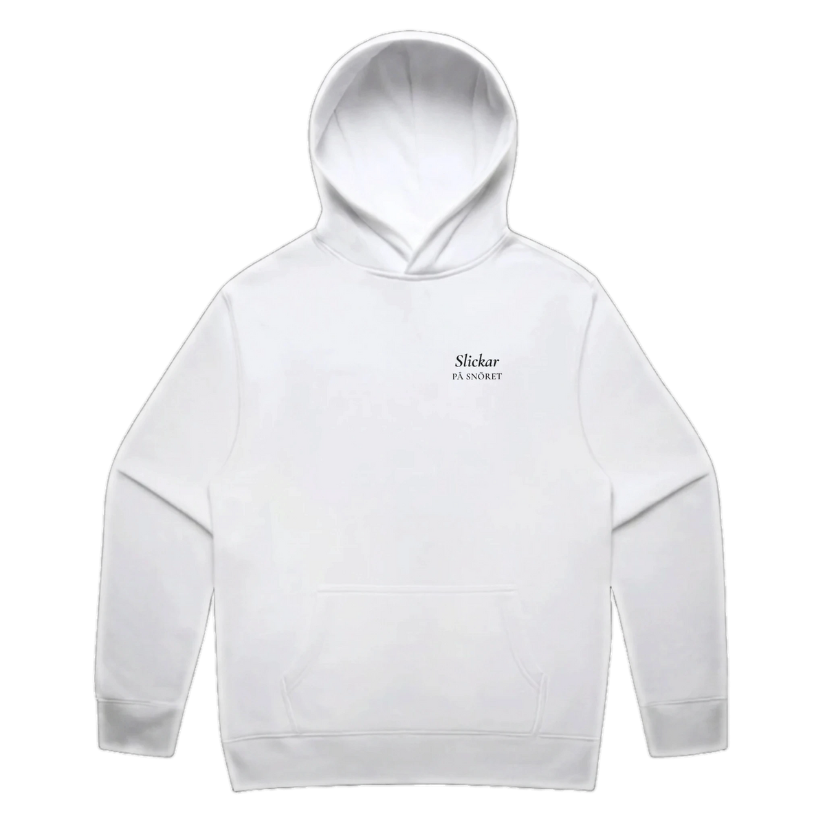Slickar på snöret · Premium Hoodie · Bröst + Rygg – vit, framifrån