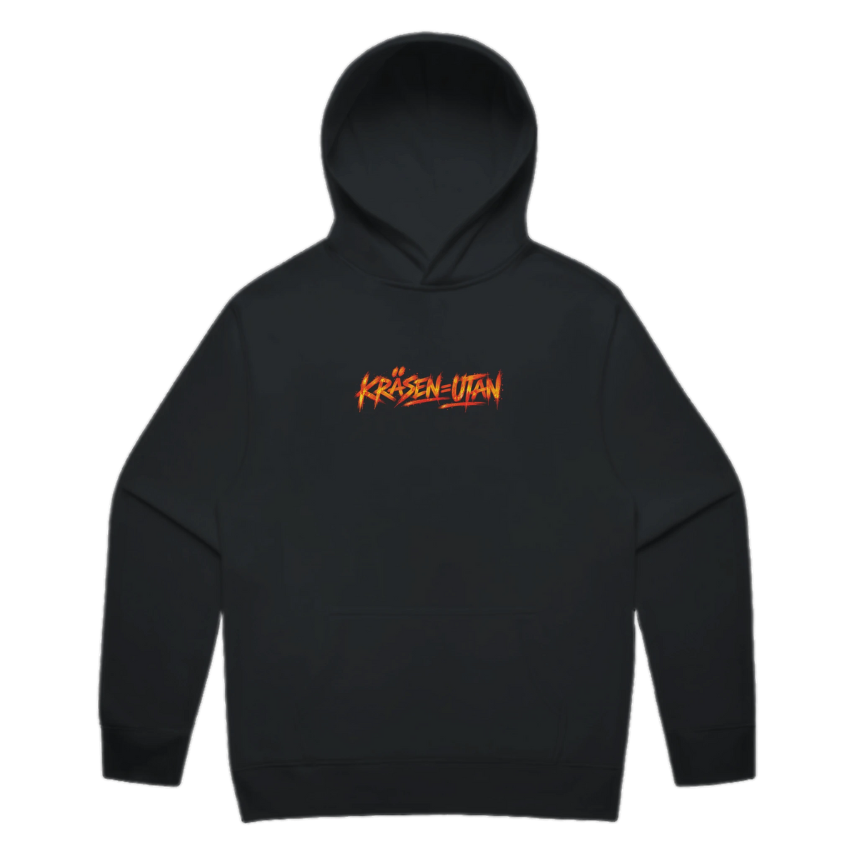 KRÄSEN=UTAN · Orange Hoodie · Brösttryck – svart hoodie med orange-rött brösttryck, framifrån