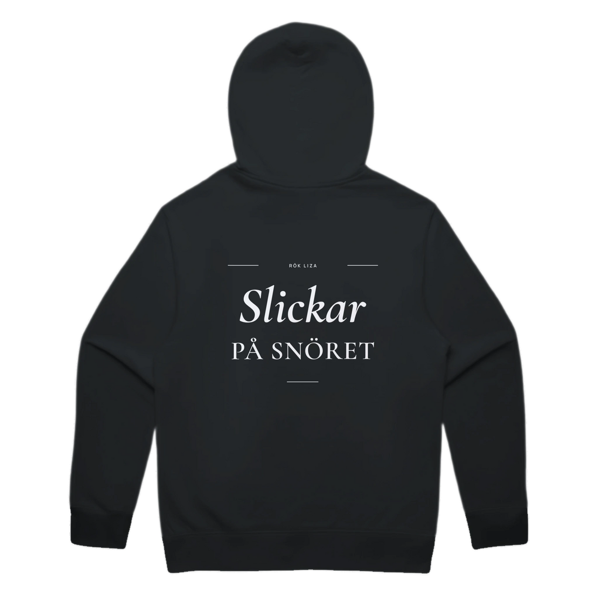 Slickar på snöret · Premium Hoodie · Bröst + Rygg – svart, bakifrån