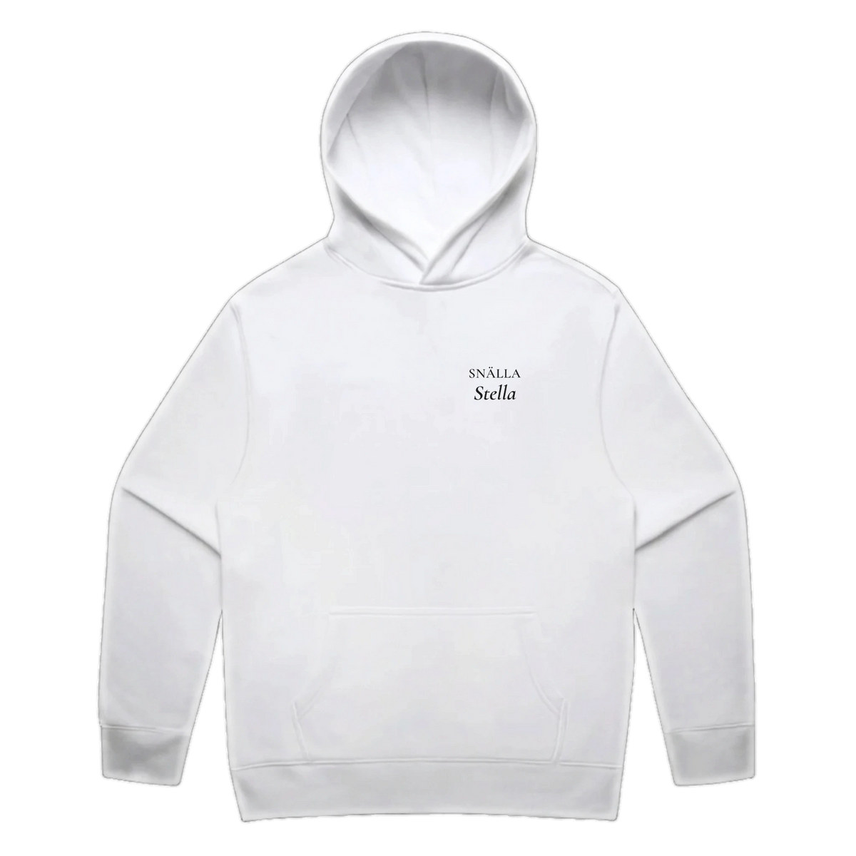 Snälla Stella · Premium Hoodie · Bröst + Rygg – vit, framifrån