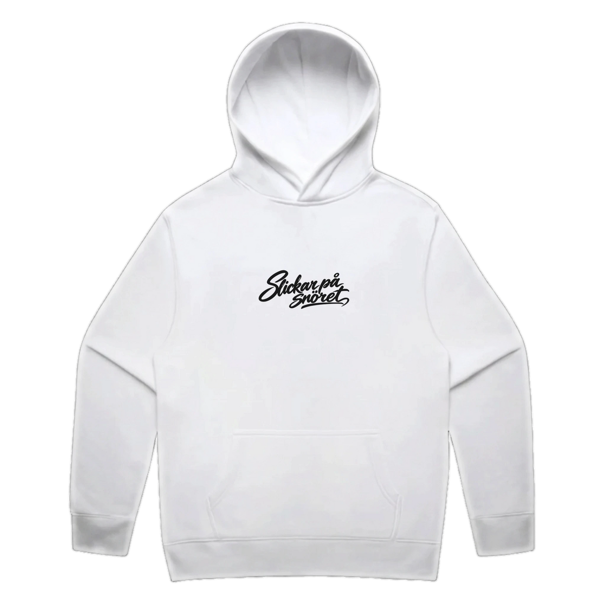 Slickar på snöret · Clean Hoodie · Bröst + Rygg – vit, framifrån